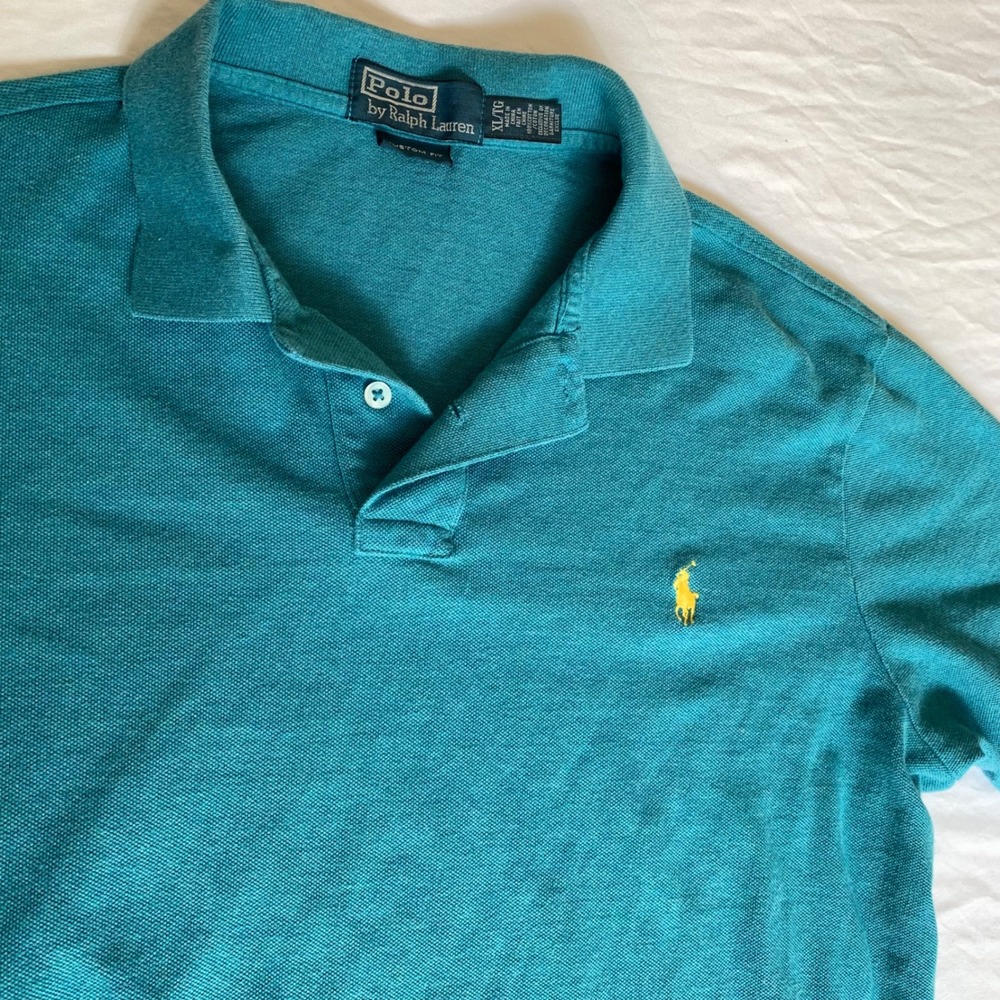 Polo Ralph Lauren Mens‎ Custom Fit Teal Green Pique Polo Shirt Yellow Pony XL